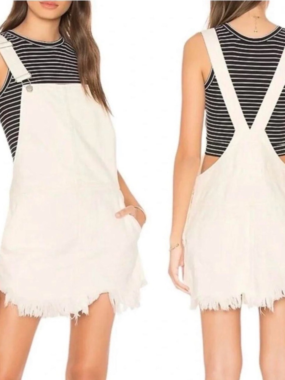 Free People White Denim Overall Dress with Frayed Hem